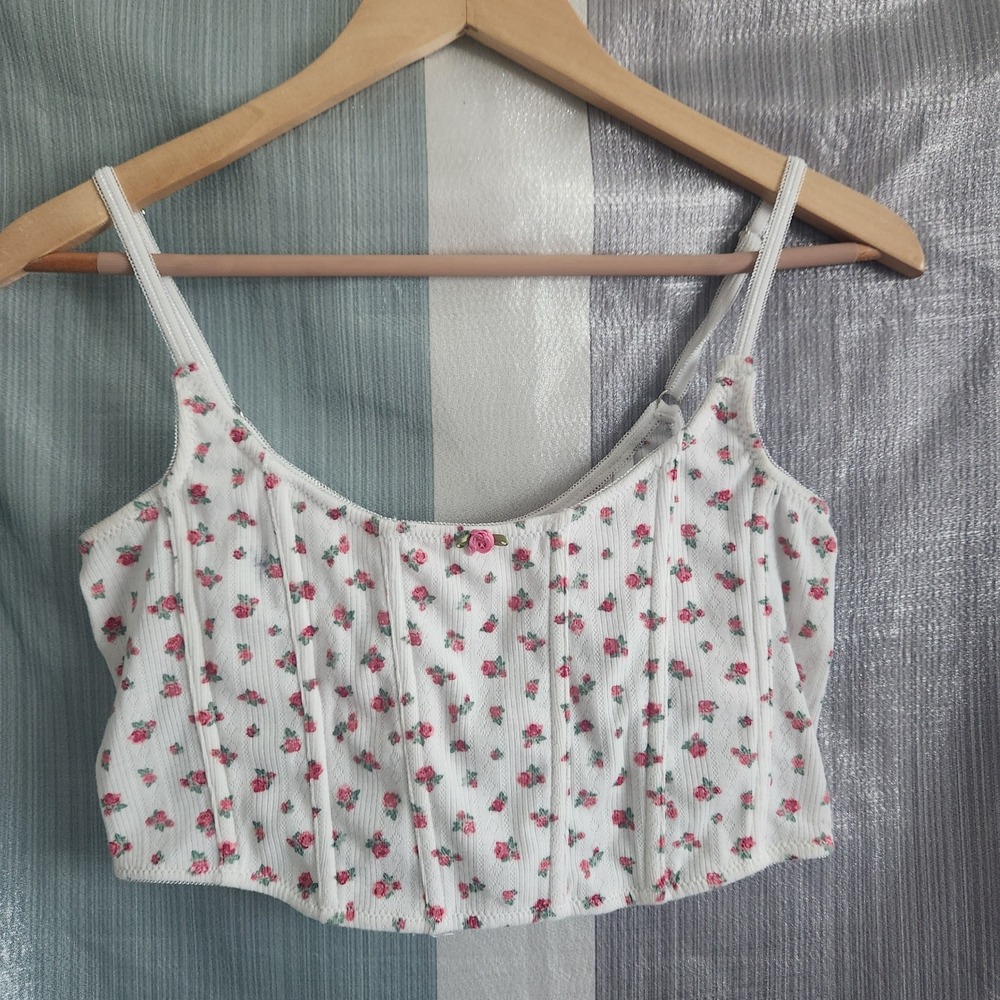 Forever 21 Floral Corset Crop Top‎ Cottagecore Fairy Coquette White Pink Rose S